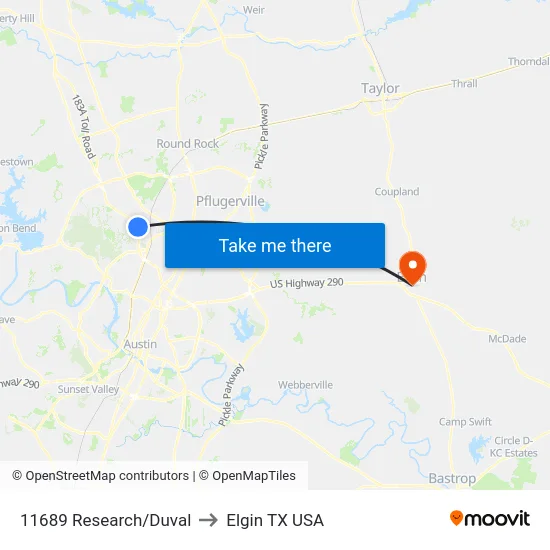 11689 Research/Duval to Elgin TX USA map