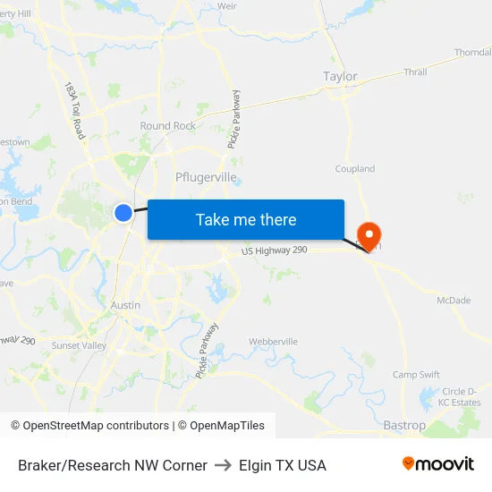Braker/Research NW Corner to Elgin TX USA map