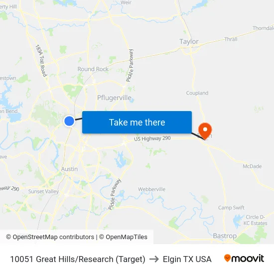 10051 Great Hills/Research (Target) to Elgin TX USA map