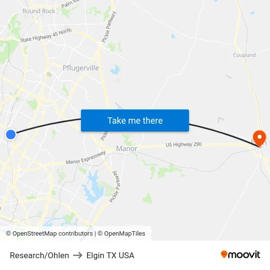 Research/Ohlen to Elgin TX USA map