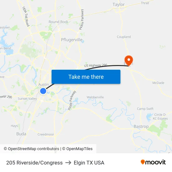 205 Riverside/Congress to Elgin TX USA map