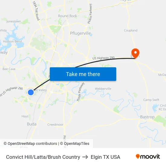 Convict Hill/Latta/Brush Country to Elgin TX USA map