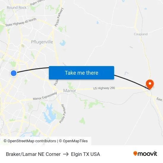 Braker/Lamar NE Corner to Elgin TX USA map