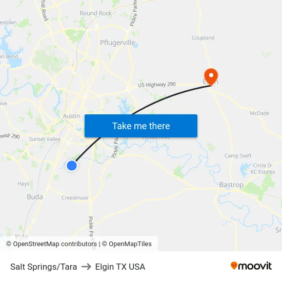 Salt Springs/Tara to Elgin TX USA map