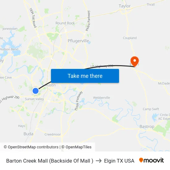 Barton Creek Mall (Backside Of Mall ) to Elgin TX USA map
