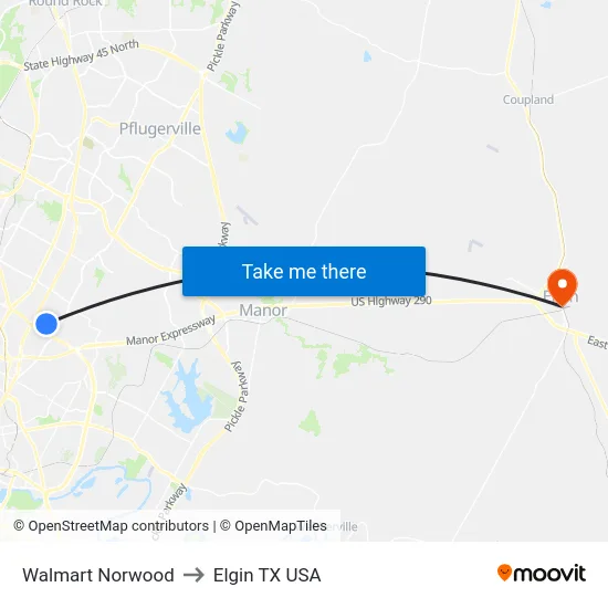 Walmart Norwood to Elgin TX USA map
