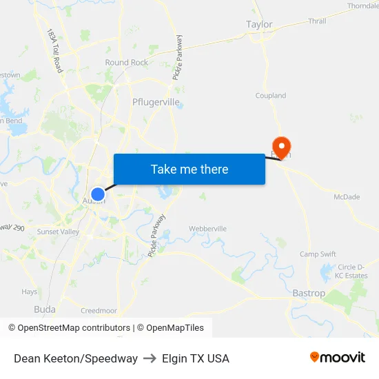 Dean Keeton/Speedway to Elgin TX USA map