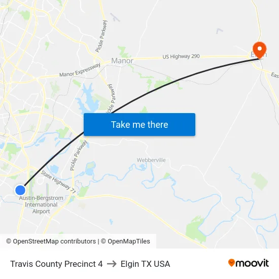 Travis County Precinct 4 to Elgin TX USA map