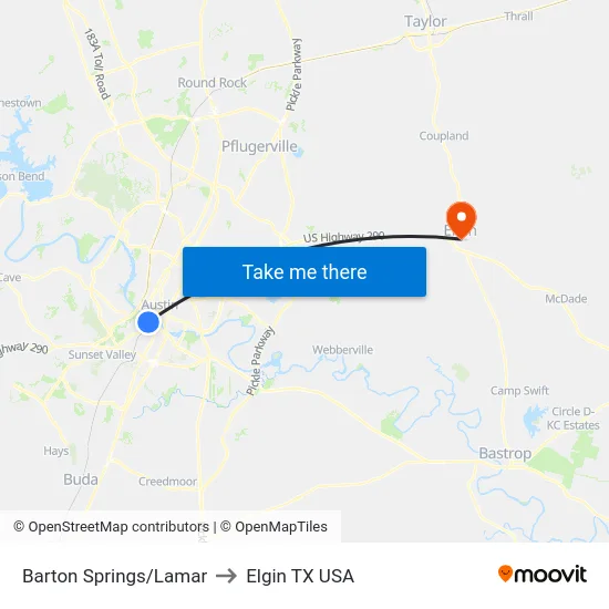Barton Springs/Lamar to Elgin TX USA map