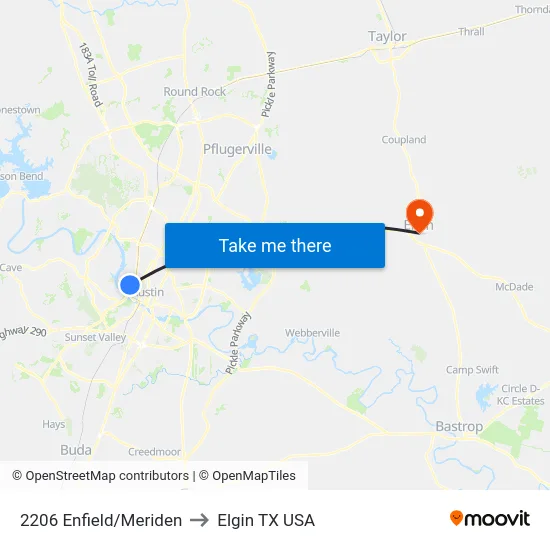 2206 Enfield/Meriden to Elgin TX USA map