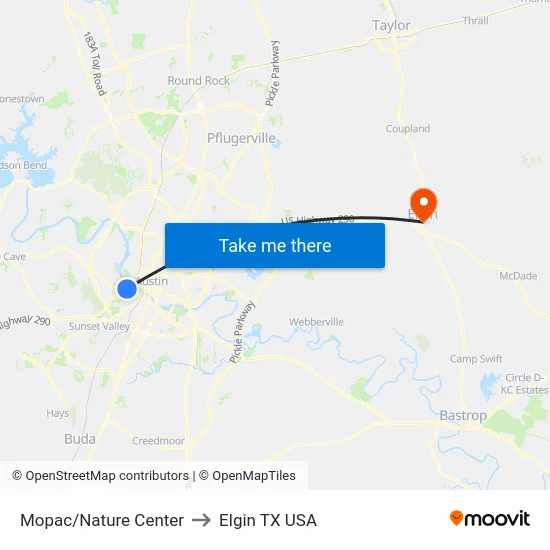 Mopac/Nature Center to Elgin TX USA map