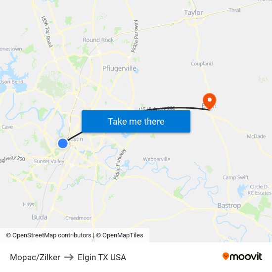 Mopac/Zilker to Elgin TX USA map