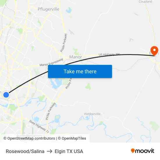 Rosewood/Salina to Elgin TX USA map