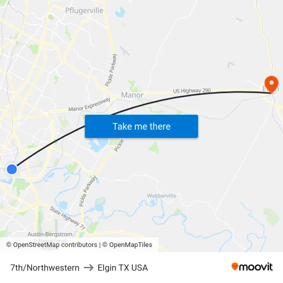7th/Northwestern to Elgin TX USA map