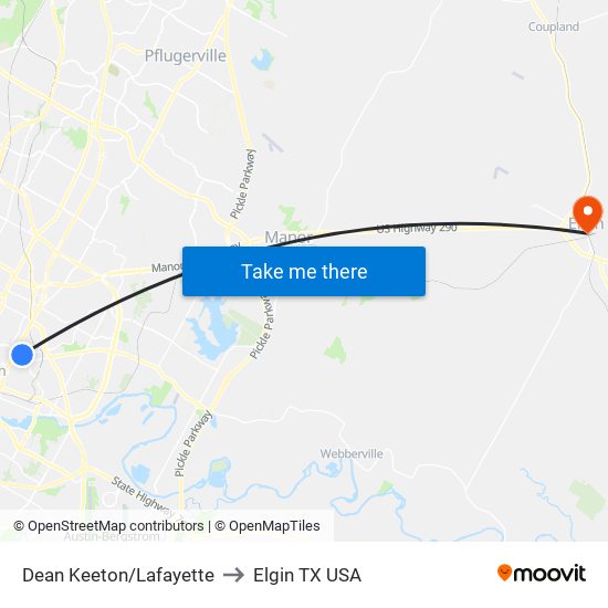 Dean Keeton/Lafayette to Elgin TX USA map