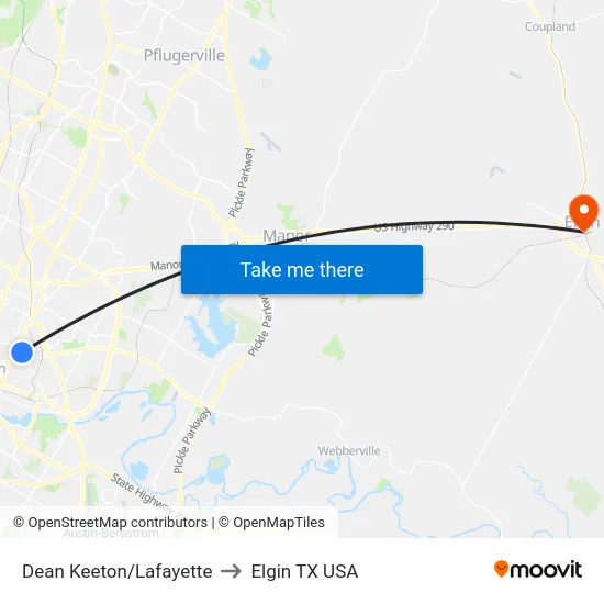 Dean Keeton/Lafayette to Elgin TX USA map