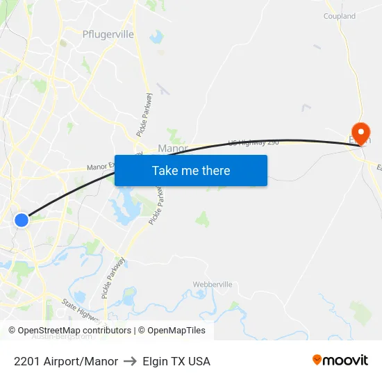 2201 Airport/Manor to Elgin TX USA map