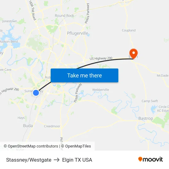 Stassney/Westgate to Elgin TX USA map