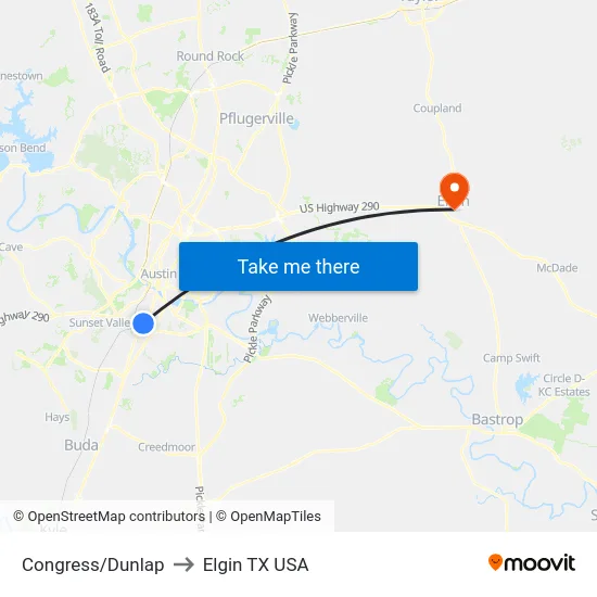Congress/Dunlap to Elgin TX USA map