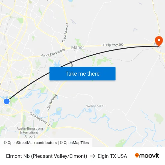 Elmont Nb (Pleasant Valley/Elmont) to Elgin TX USA map