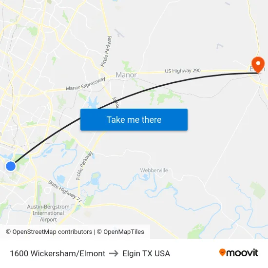 1600 Wickersham/Elmont to Elgin TX USA map