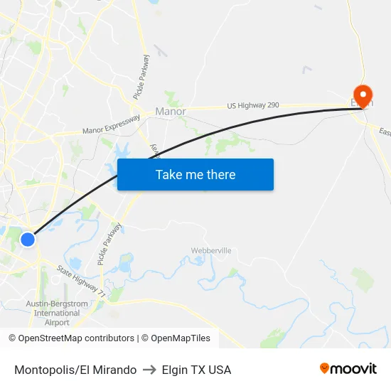 Montopolis/El Mirando to Elgin TX USA map