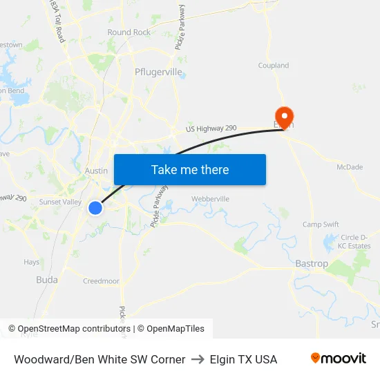 Woodward/Ben White SW Corner to Elgin TX USA map