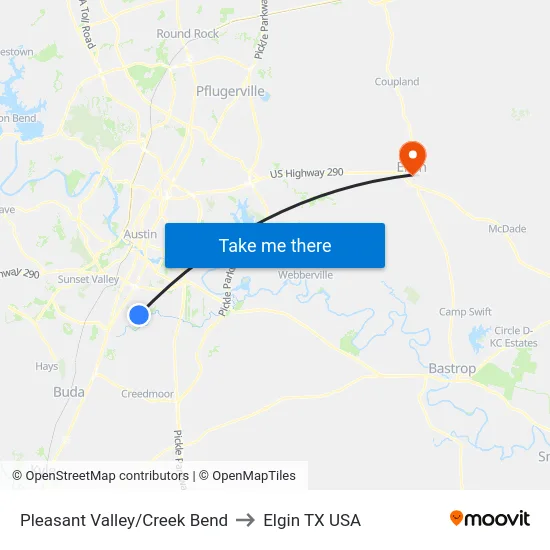 Pleasant Valley/Creek Bend to Elgin TX USA map