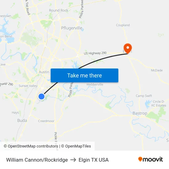 William Cannon/Rockridge to Elgin TX USA map