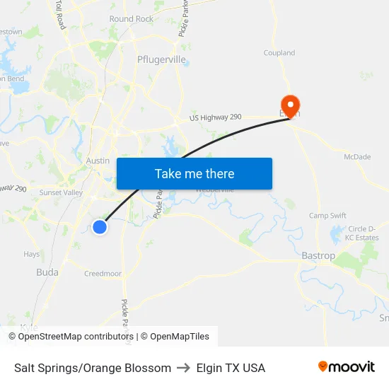 Salt Springs/Orange Blossom to Elgin TX USA map