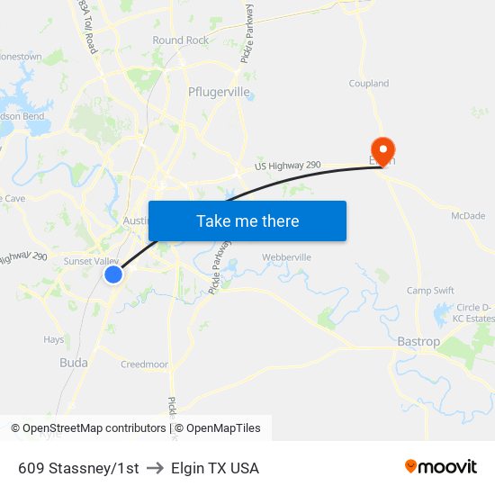 609 Stassney/1st to Elgin TX USA map