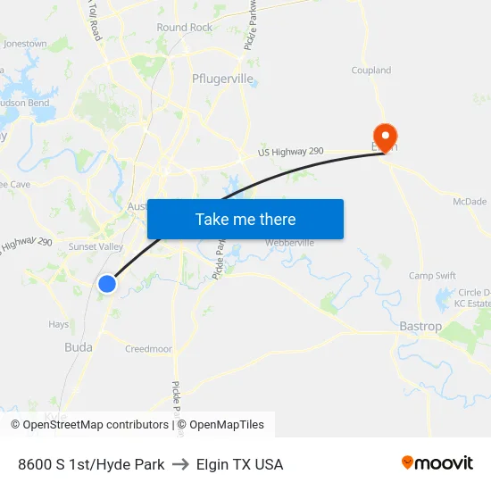 8600 S 1st/Hyde Park to Elgin TX USA map