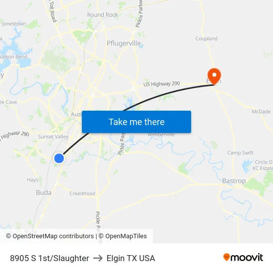 8905 S 1st/Slaughter to Elgin TX USA map