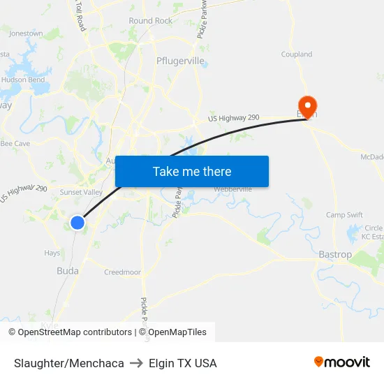 Slaughter/Menchaca to Elgin TX USA map