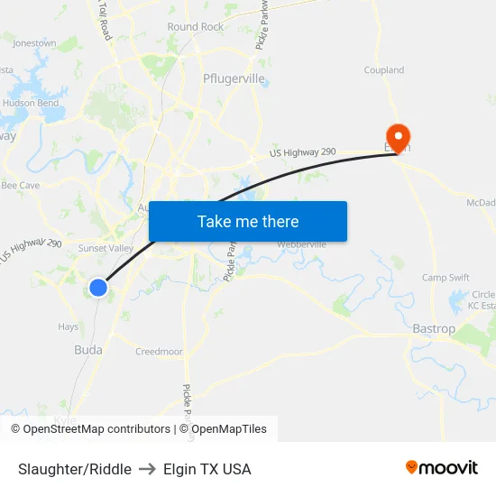 Slaughter/Riddle to Elgin TX USA map