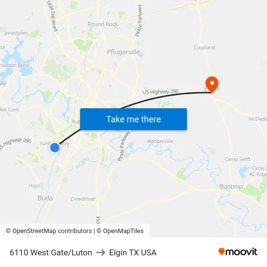6110 West Gate/Luton to Elgin TX USA map