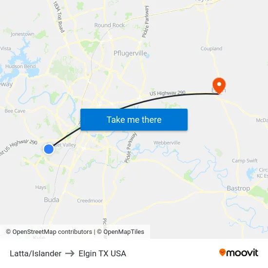 Latta/Islander to Elgin TX USA map