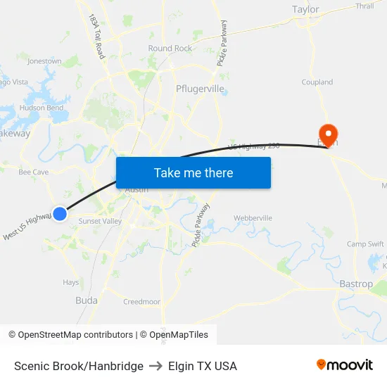 Scenic Brook/Hanbridge to Elgin TX USA map