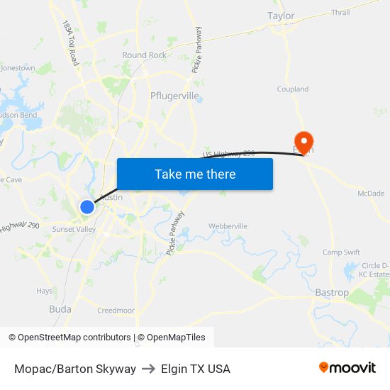 Mopac/Barton Skyway to Elgin TX USA map