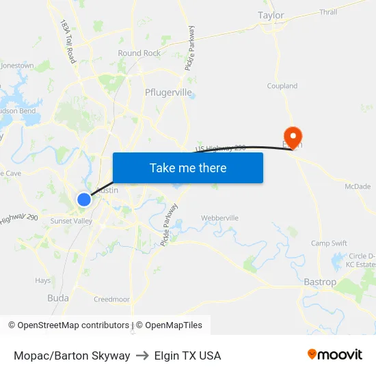 Mopac/Barton Skyway to Elgin TX USA map