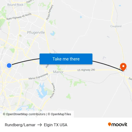 Rundberg/Lamar to Elgin TX USA map