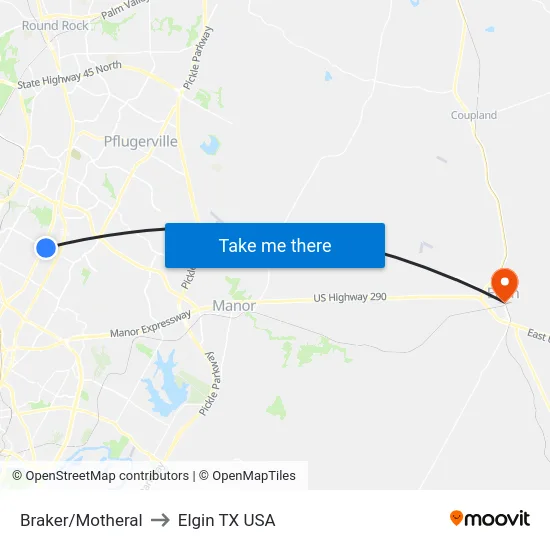 Braker/Motheral to Elgin TX USA map