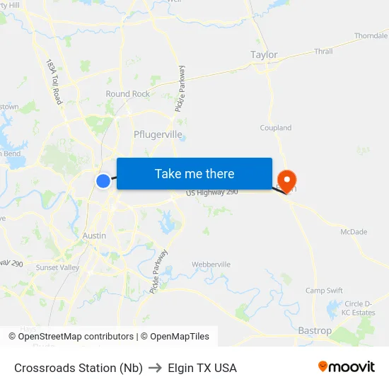 Crossroads Station (Nb) to Elgin TX USA map