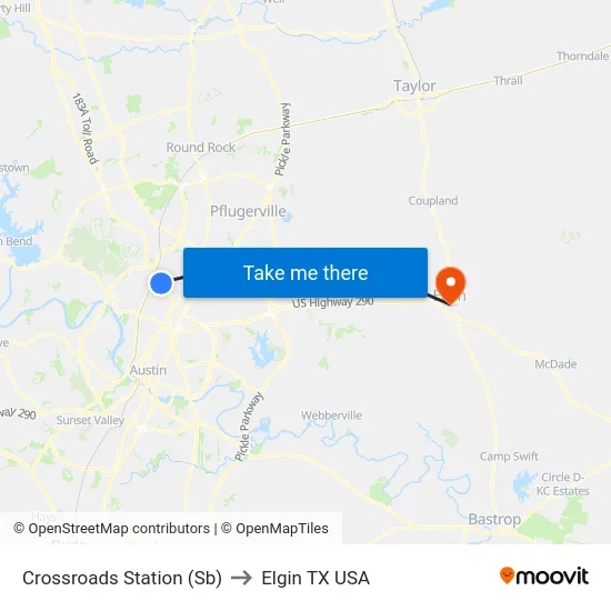 Crossroads Station (Sb) to Elgin TX USA map