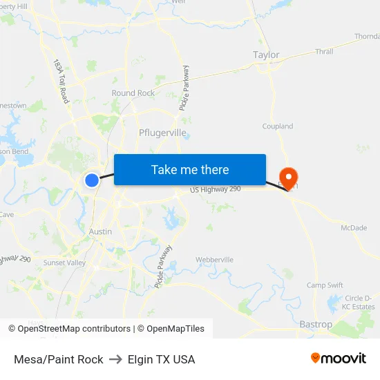 Mesa/Paint Rock to Elgin TX USA map