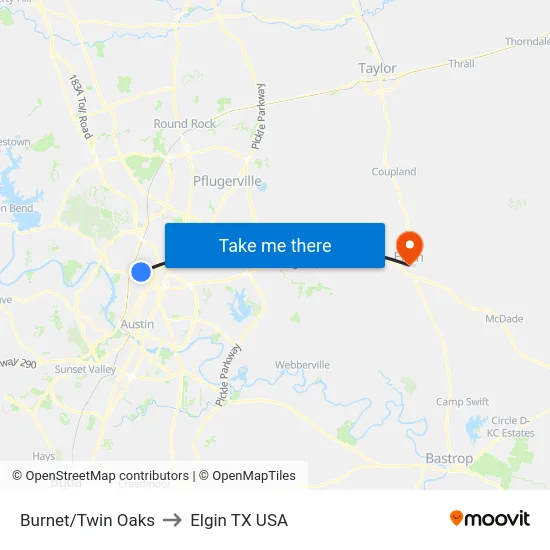 Burnet/Twin Oaks to Elgin TX USA map