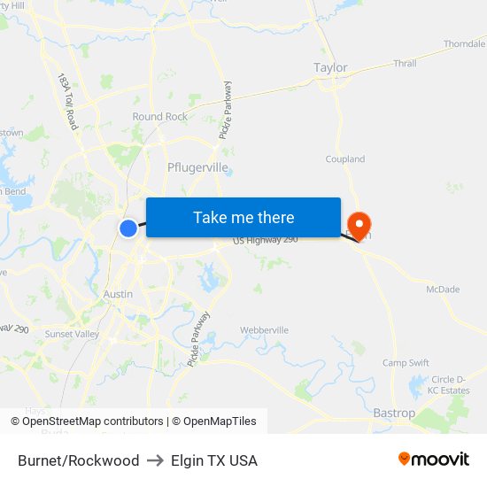 Burnet/Rockwood to Elgin TX USA map