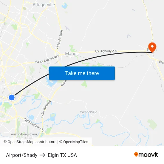 Airport/Shady to Elgin TX USA map