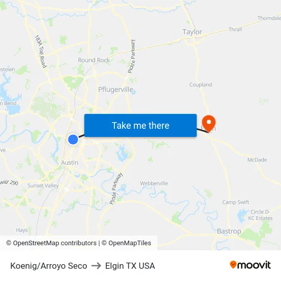 Koenig/Arroyo Seco to Elgin TX USA map