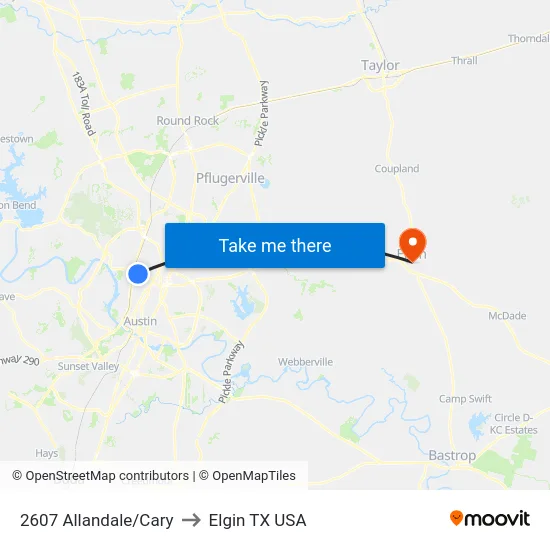 2607 Allandale/Cary to Elgin TX USA map